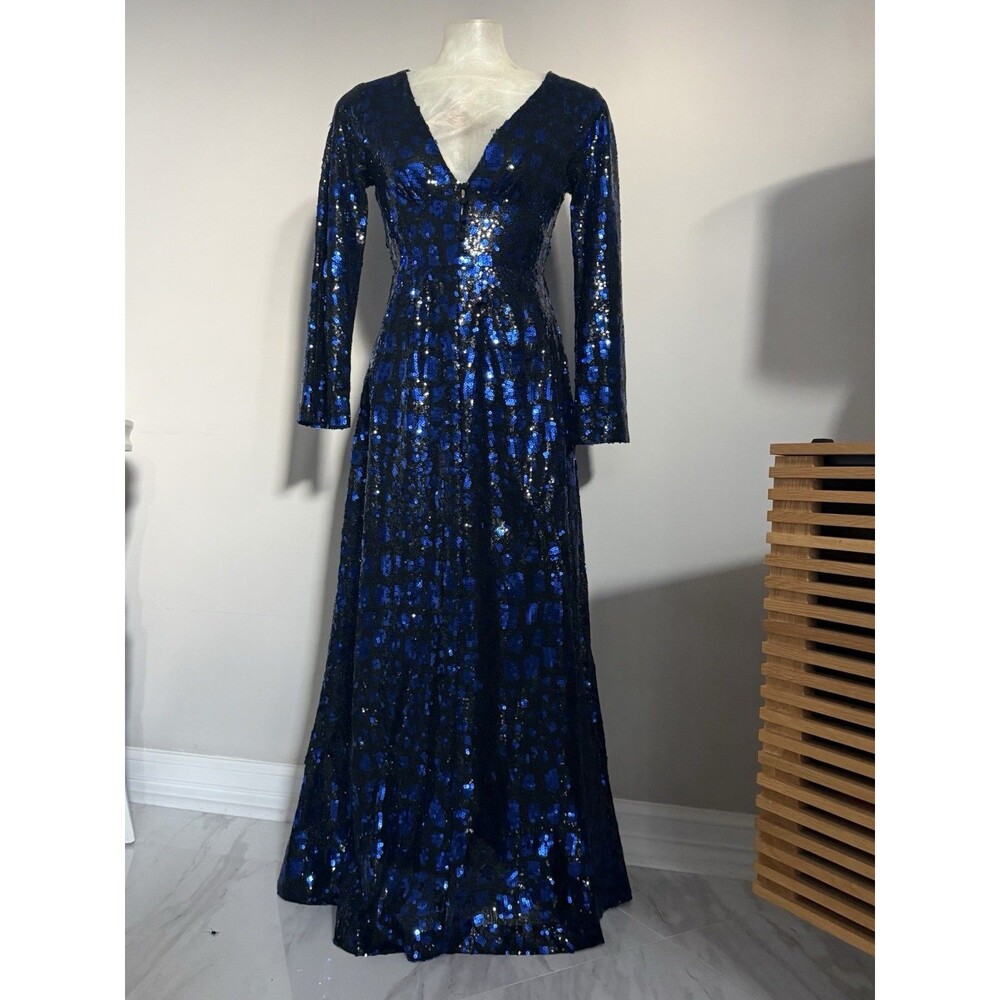 Antik Batik Blue Black Sequin Maxi Dress Size S Formal Evening Boho Luxe Gown